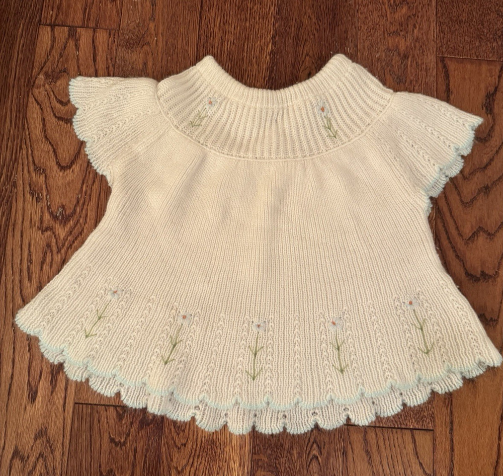 Vintage Little Ones Baby Girl 6-12 Months Embroidered Floral Sweater Made Greece